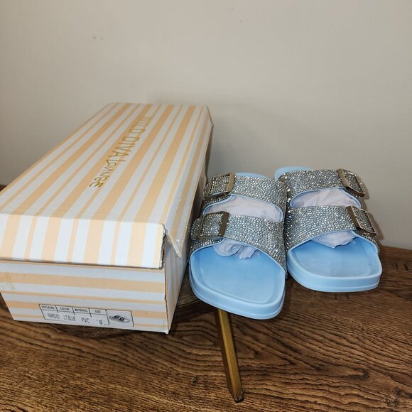 NWB Blue and Rhinestone Double Strap Slide on Sandals - Picture 6 of 9